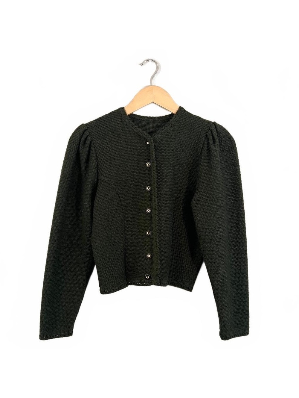 Vintage Green Wool Blend Puff Shoulder Knit Cardigan Cottage German Made